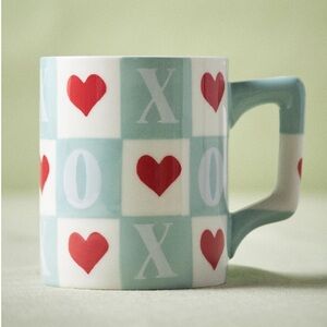 Anthropologie Checkered Mug with Red Hearts & Mint Handle
